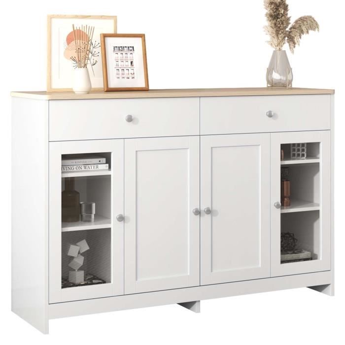 Buffet avec 4 portes et 2 tiroirs pour salon et salle à manger 120 x 37 x 80 cm naturel + blanc