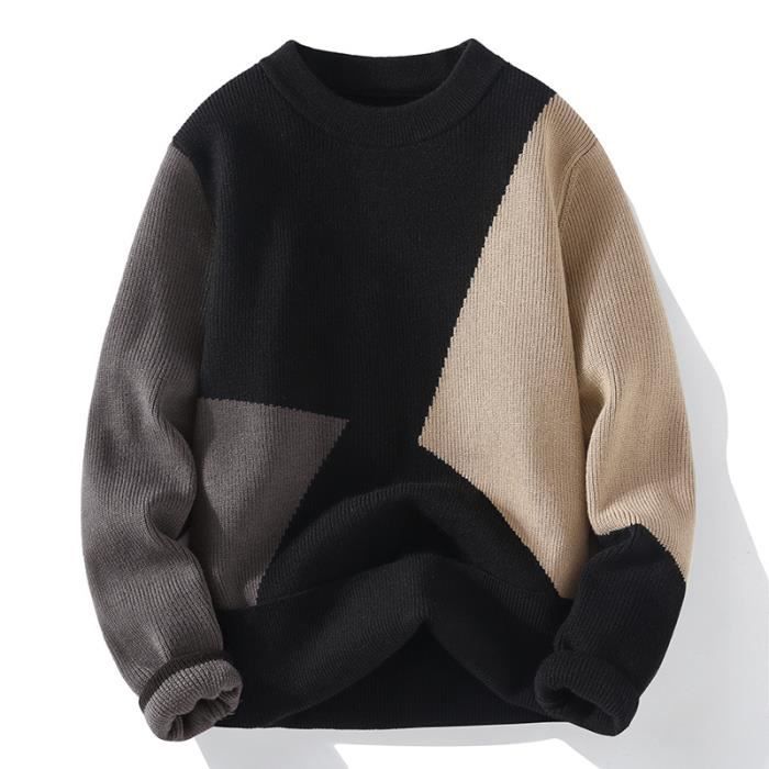 Pull Homme Automne Hiver Tricolore Mode Chaude a col Rond Noir INSFITY Adulte Homme