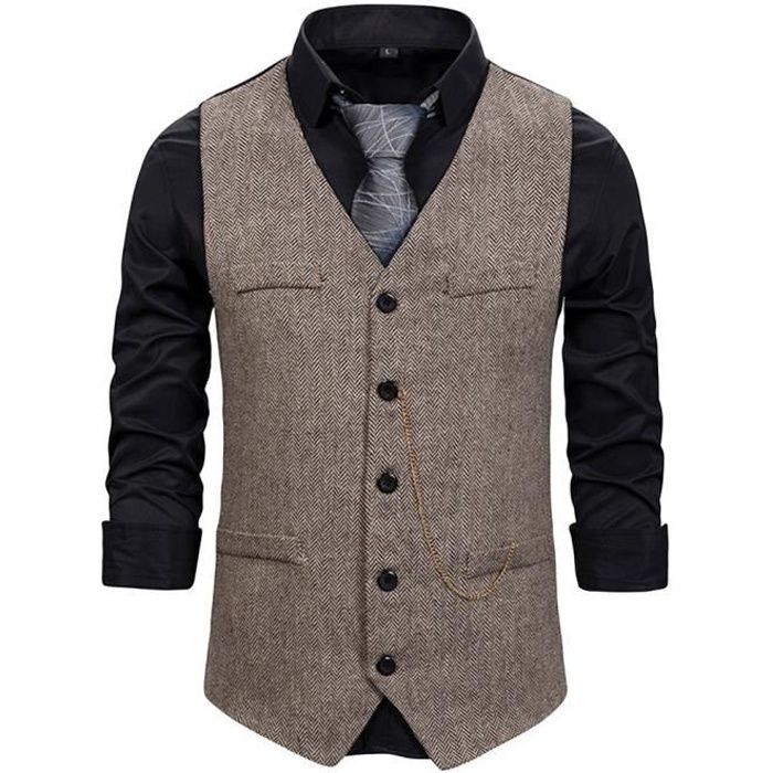 Homme Gilet de Costume Sans Manche Tweed Col en V Slim Fit Mode