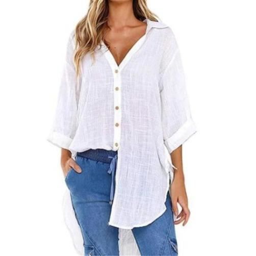 Femme Grande Taille Chemisier Boutonne Manche Longue Col V Blouse Chic Chemise Couleur Unie Ample Chemise T Shirt blanc ZP
