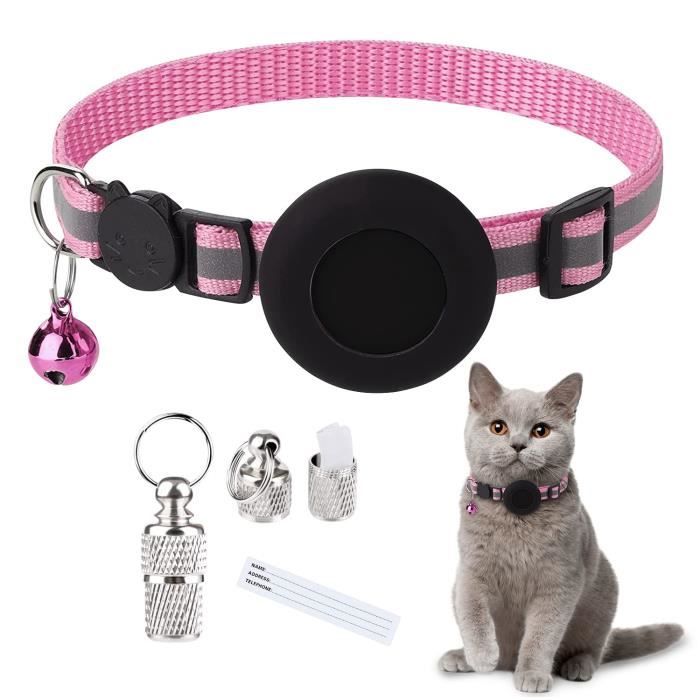 airtag collier pour chat, collier gps airtag anti-perte, réfléchissant collier avec clochette et nom étiquette pour chats - rose