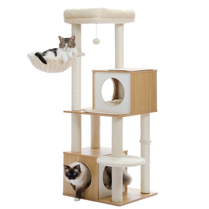 Meilleurs prix pour PAWZ Road Arbre à Chat en Bois avec Double Condos, Coussin Spacieux Amovible, Poteaux Griffoir Sisal, 130cm, Beige