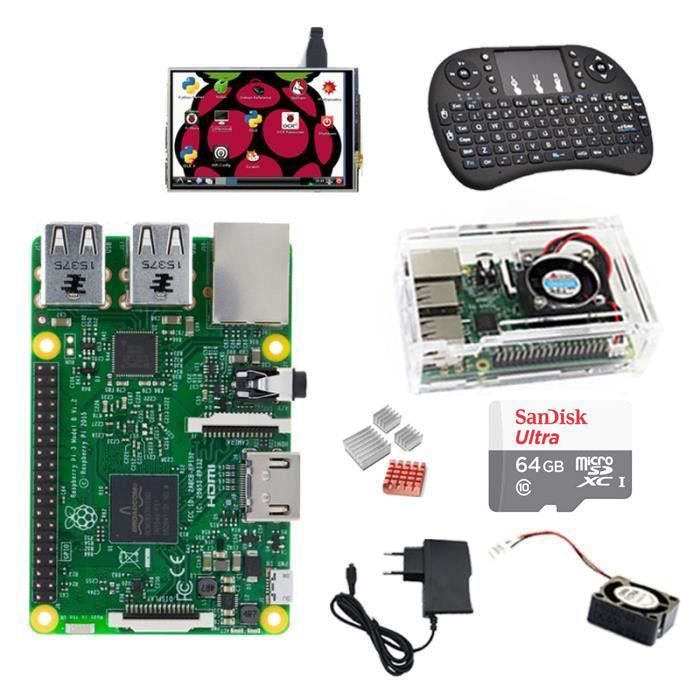 Raspberry Pi 3 Model B+SD 64Go+clavier sans fil+Boîtier+Ventilateur+5v/2.5