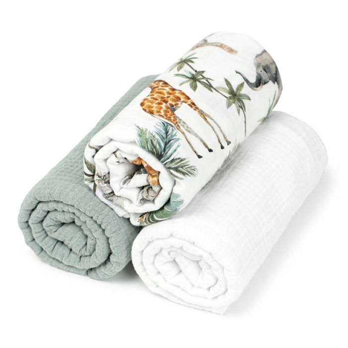 Sevira Kids Lot de 3 Draps housses couffin en coton Safari - Vert - 70 x 30 cm Made in France
