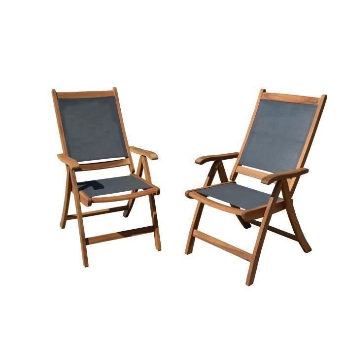 Lot de 2 fauteuils de jardin pliants en bois d'acacia FSC et textilène - Gris