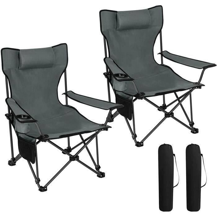 WOLTU Chaise de Camping Lot de 2, Fauteuil de Pêche Avec Appui-tête, Porte-gobelet, Poche de Rangement, Sac de Transport, Gris