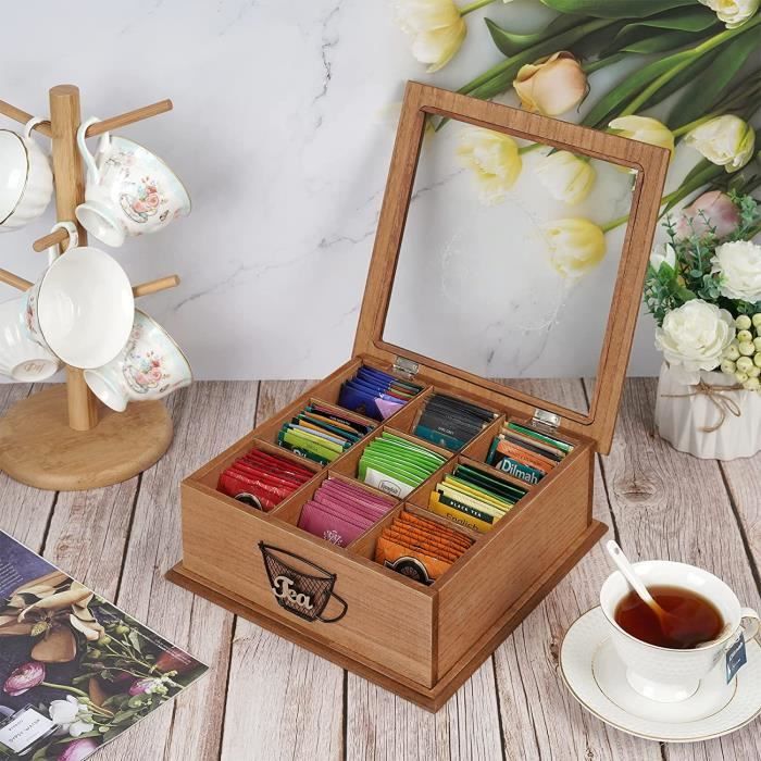 Optyuwah Boîte à thé, boîte à thé en bois avec 9 compartiments