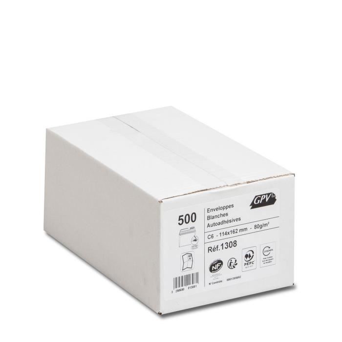 Boîte de 500 enveloppes blanches C6 114x162 80 g/m² bande de protection 