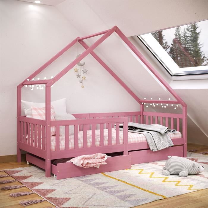 IDIMEX Lit cabane Rena lit Simple Montessori pour Enfant 90 x 190 cm, avec  barrières de Protection, en pin Massif lasuré Blanc