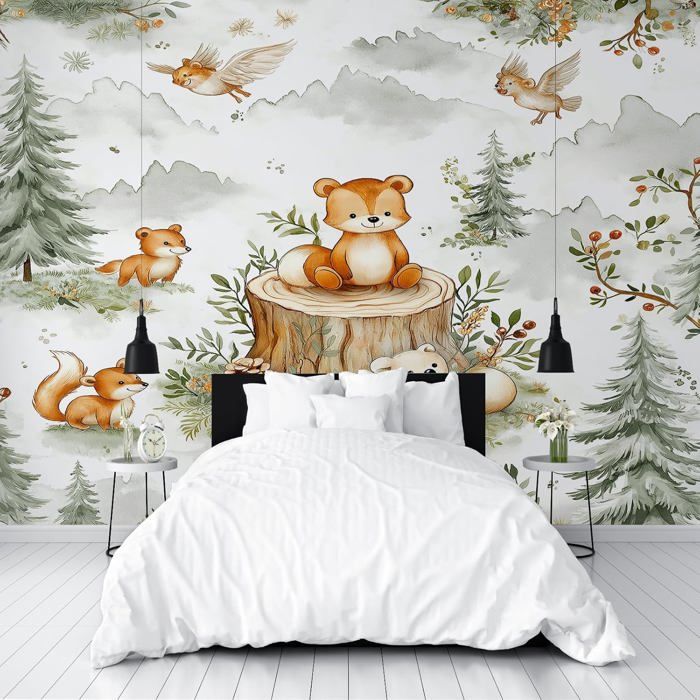 Animaux De Dessin Animé Ours Papier Peint Panoramique 3D Renard De La ...
