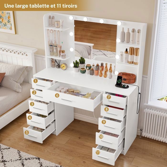 Coiffeuse Avec Miroir LED FIONESO - 10 Lumières, 3 Couleurs, 2 Tiroirs, 4 étagères, Prise Intégrée, Blanc