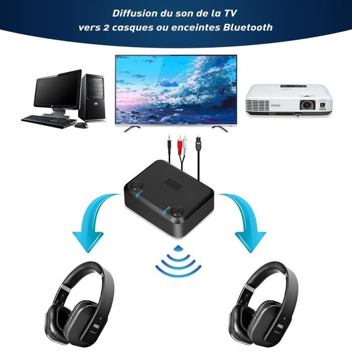 Adaptateur Bluetooth TV HD pour 2 - AUGUST MR270 - Transmetteur Émetteur du  son TV HD vers deux casques Bluetooth - RCA Optique Jack