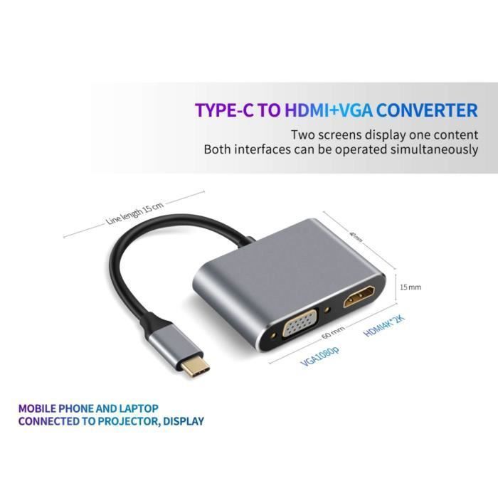 Câble Adaptateur USB-C Vers VGA – Convertisseur Pour Connecter Ordinateur Portable/tablette à écran/projecteur VGA