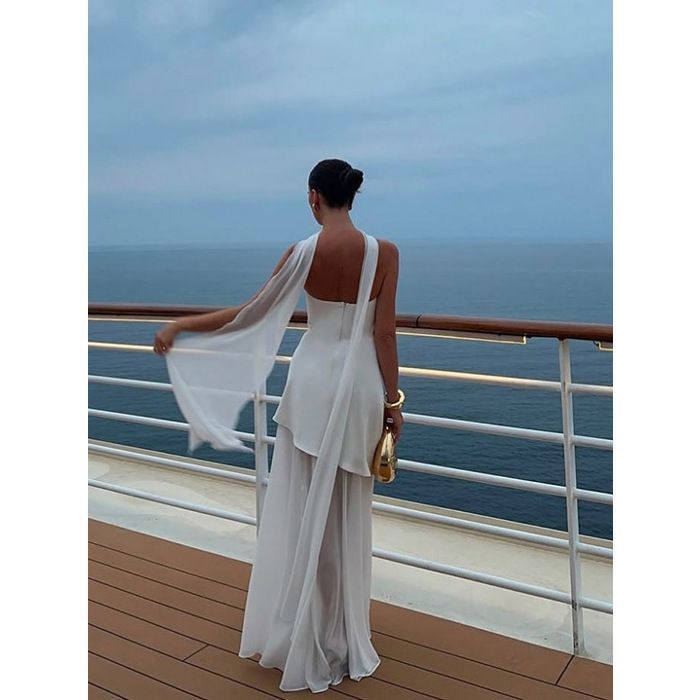 Robe longue femme élégante bustier–Robe soirée été fluide avec voile  transparent–Tenue mariage,cocktail,vacances–Blanc