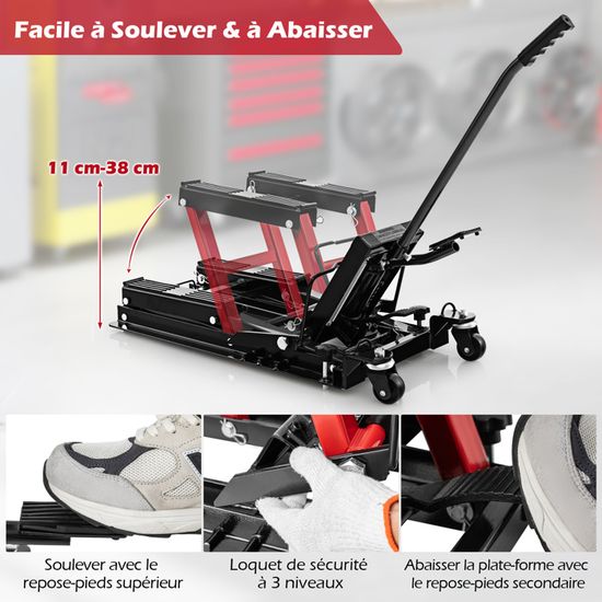 COSTWAY Cric Hydraulique Moto 680 Kg - Table Élévatrice Réglable Rouge Pour Moto VTT