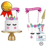 CONFO® Décoration gâteau licorne anniversaire fille arc-en-ciel fait à la main accessoire réutilisable ballon fête bannière happy bi