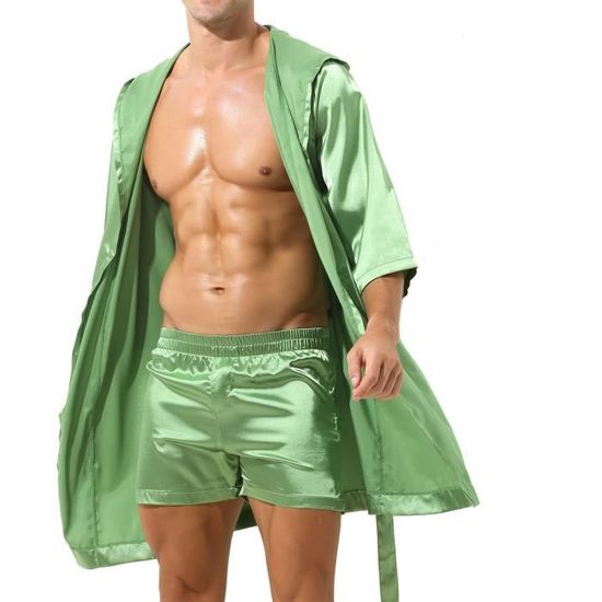 Kimono Homme En Satin Noir Manches Courtes - Peignoir Léger été, Vêtement Nuit élégant, Pyjama
