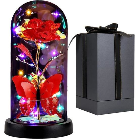 Rose Éternelle En Cristal Sous Dôme Verre Avec Lampe LED | Cadeau Saint-Valentin Pour Femme Maman | Décoration Romantique Lumineuse