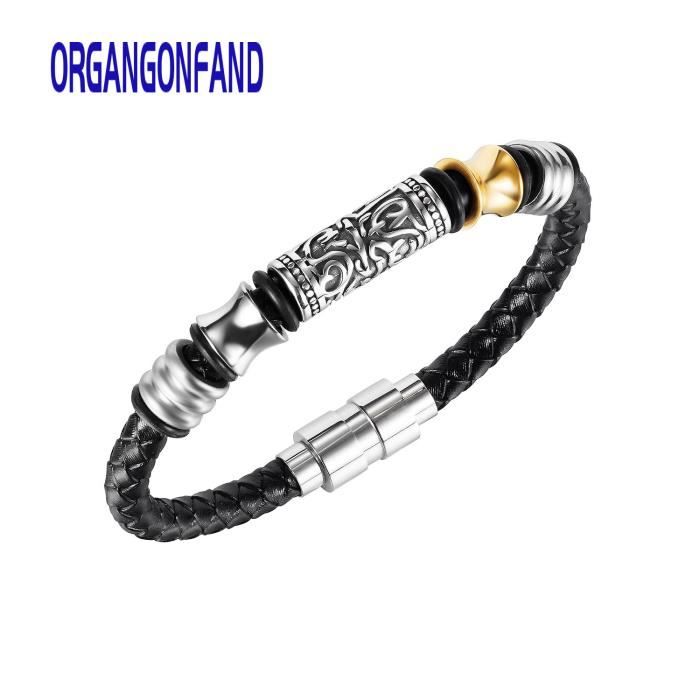 ORGANGONFAND Bracelet en cuir pour homme vintage-Bijoux bracelet en acier au titane tissé personnalisé