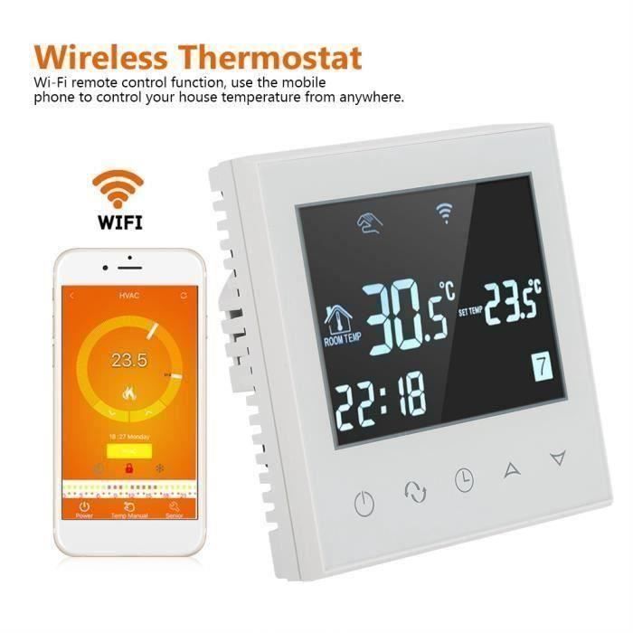 Thermostat d'Ambiance Intelligent Wi-Fi Programmable Sans Fil avec LCD Tactile Pour Chauffage Électrique Apple et Android, Blanc