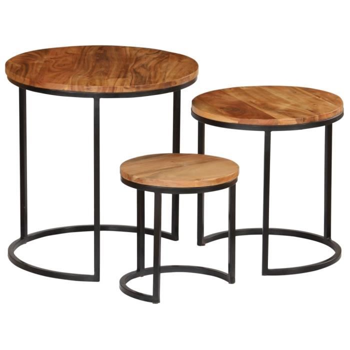 Jeu de 3 tables basses - Table gigogne vintage - Table basse et bois d'acacia massif -PAI