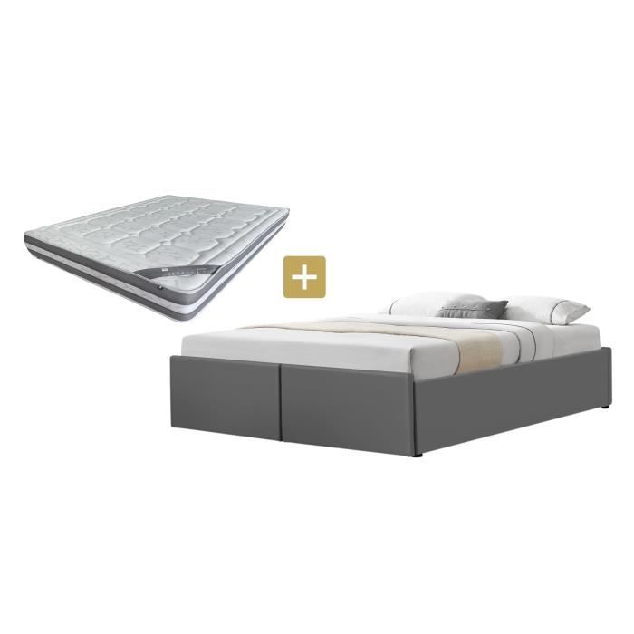 Ensemble lit LAGERTHA LIT COFFRE PU GRIS 160X200 CM 2 TIROIRS + Matelas nuage de 24 CM