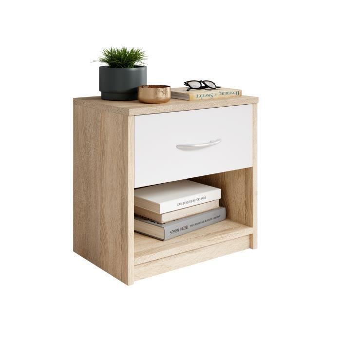 Table de chevet Beppu avec 1 tiroir, fabriqué en aggloméré à décor chêne sonoma et un tiroir blanc.