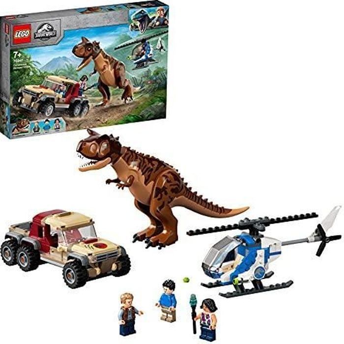 LEGO 76941 Jurassic World La Chasse du Carnotaurus, Dinosaure Jouet Enfant 7 Ans avec Hélicoptère et Pick up