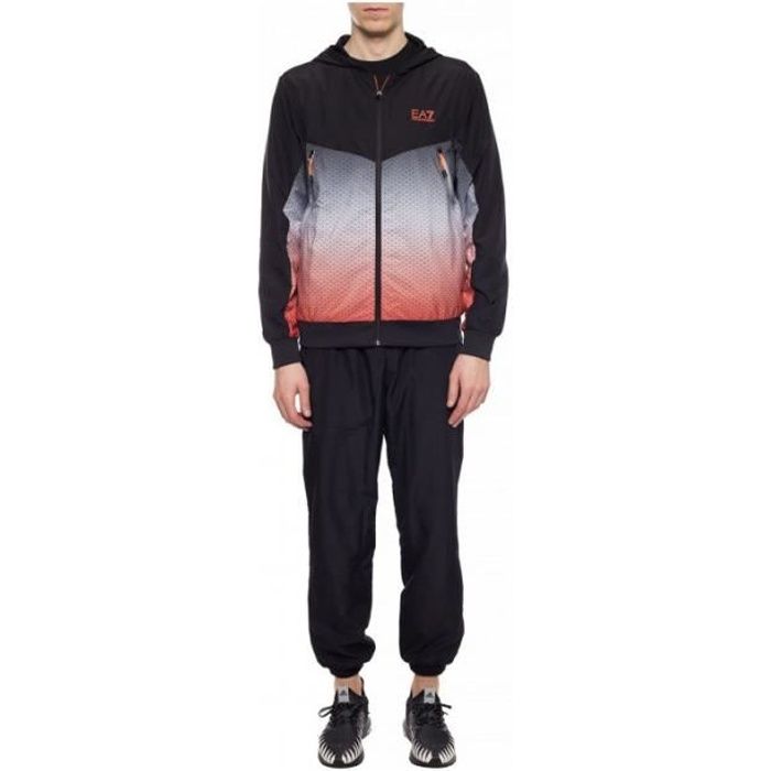 Ensemble de survêtement EA7 Emporio Armani - Réf. 3HPV04-PNP6Z-1200. Couleur : Noir, Orange, Gris. Détails du veste. - Col capuche.