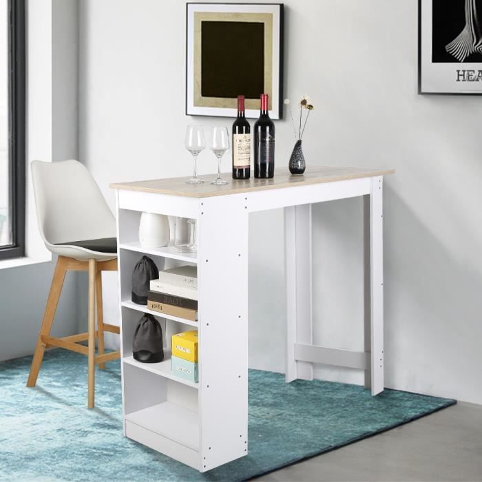 Table Haute de Bar Mange-debout Cuisine avec rangements – Décor chêne et blanc - 115x50x103CM