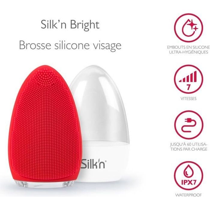 Silk'n BRIGHT rouge - Brosse visage silicone - Etui de rangement - Rechargeable - hypoallergénique