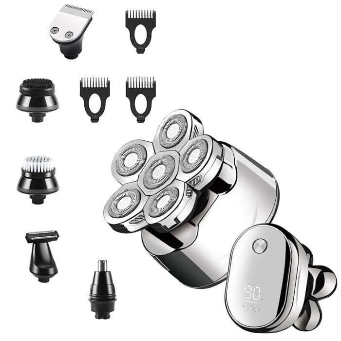 Rasoir Électrique Homme Sans Fil Tondeus Rasoir à Tête Chauve 6 en 1 Tondeuse Barbe Cheveux 6D Étanche LCD Tondeuse Nez et Oreilles