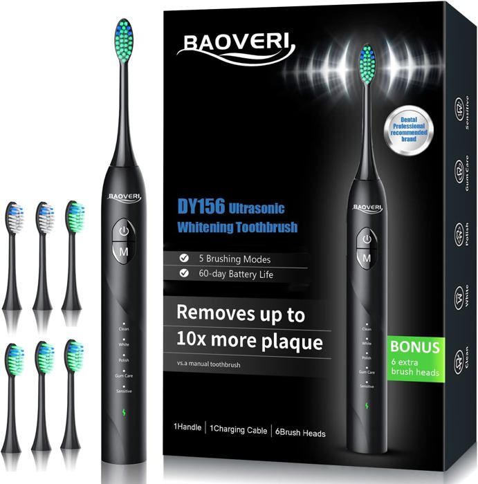 Brosse à dents électrique avec 6 têtes de brosse pour adultes et enfants, brosses à dents électriques à ultrasons- noir