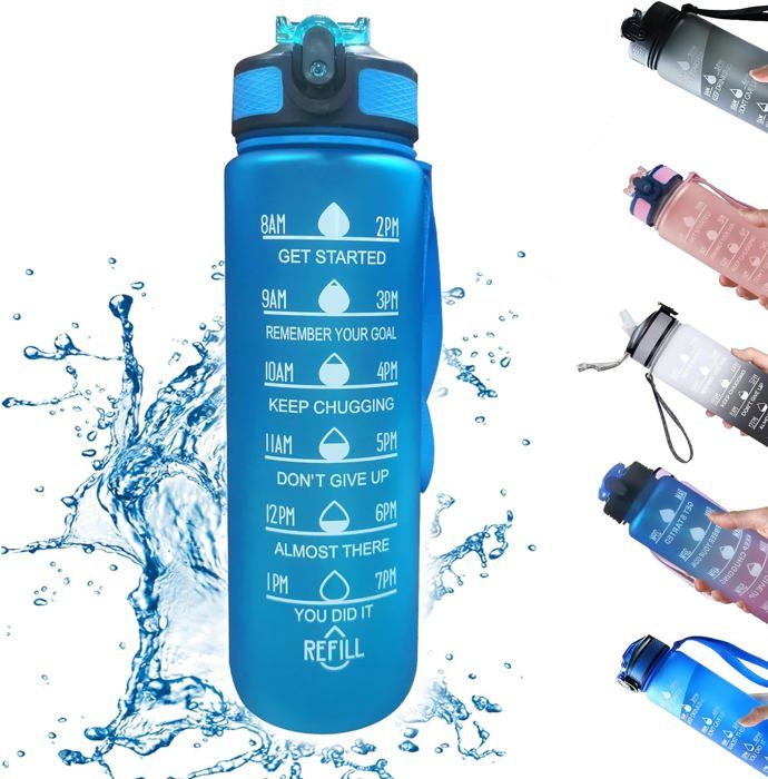 1L Bouteille d'eau de SportSport Gourde avec Pailleavec Marqueur de Temps de Motivationpour le