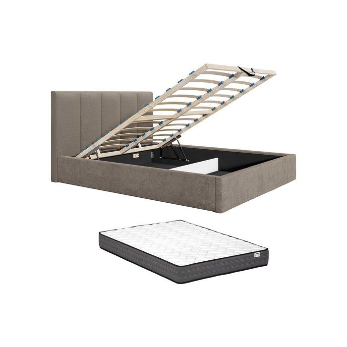 Lit coffre 180 x 200 cm avec tête de lit coutures verticales - Tissu - Taupe - Avec matelas Confort - KILACLO
