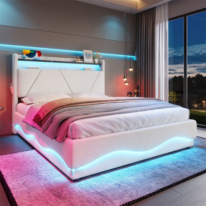 DRIPEX Lit rembourré 160x200cm avec LED ondulétête de lit relevable avec étagères de rangement et poches latéralesBeige