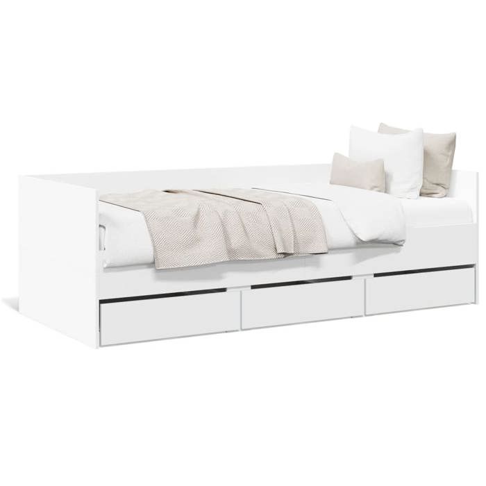Lit simple - Design - 90x200 cm - Blanc - Avec tiroirs - Bois dingénierie