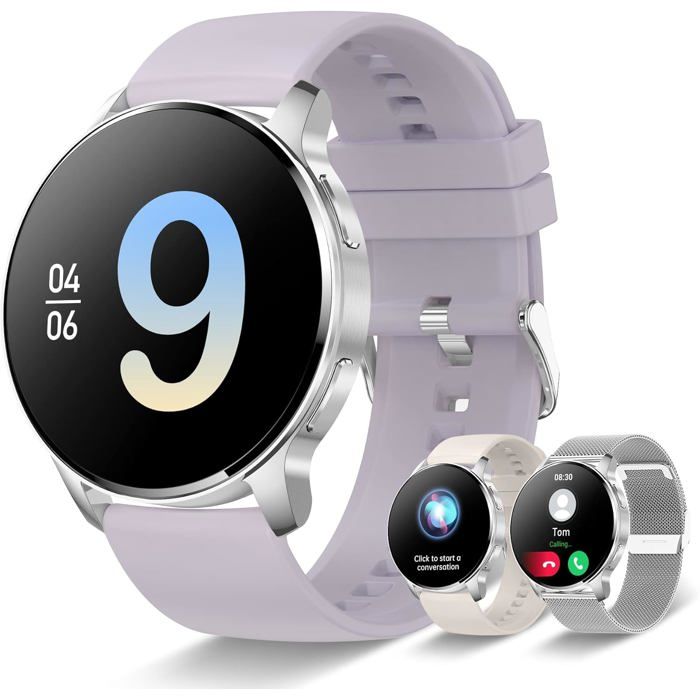 Montre connectée femme 1.32 Bluetooth appel fonction féminine cardio SpO2 pression artérielle sommeil IP68 ronde argent