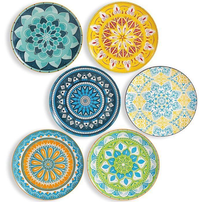 Assiettes Plates Grandes en Céramique - Lot de 6 Assiettes Colorées - Lave-Vaisselle et Micro-Ondes - 25 cm - Multicolore 2