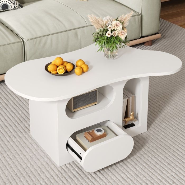 Table basse salon 1 Tiroir 2 Compartiments Rangement Canapé Table Meuble Salon Style élégant Blanc crème 97x45x435cm