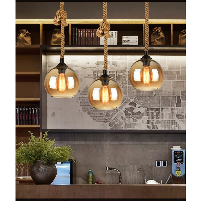 SNOGOLD 3X Suspension Industriel Forme Boule 25cm en Verre Ambré Lustre Rétro Lampe Suspension pour Salon Salle à Manger Chambre