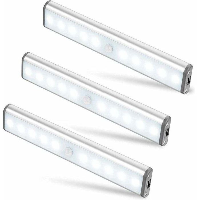 Lot de 3 Lampes 10 LED Sans Fil Rechargeable par USB Aimant Dtecteur de Mouvement 2 Modes dclairage Portable