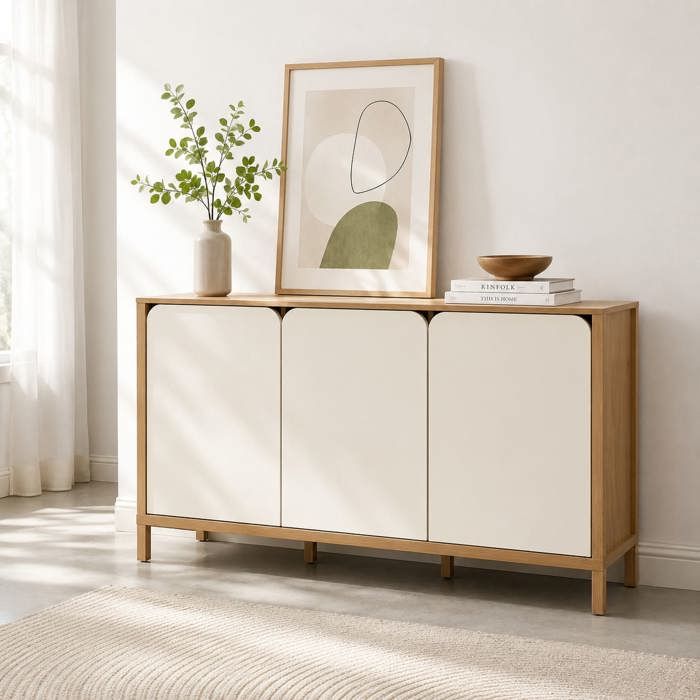 Buffet KILDA effet chêne 3 portes blanches 140cm Buffet KILDA effet chêne 3 portes blanches 140cm