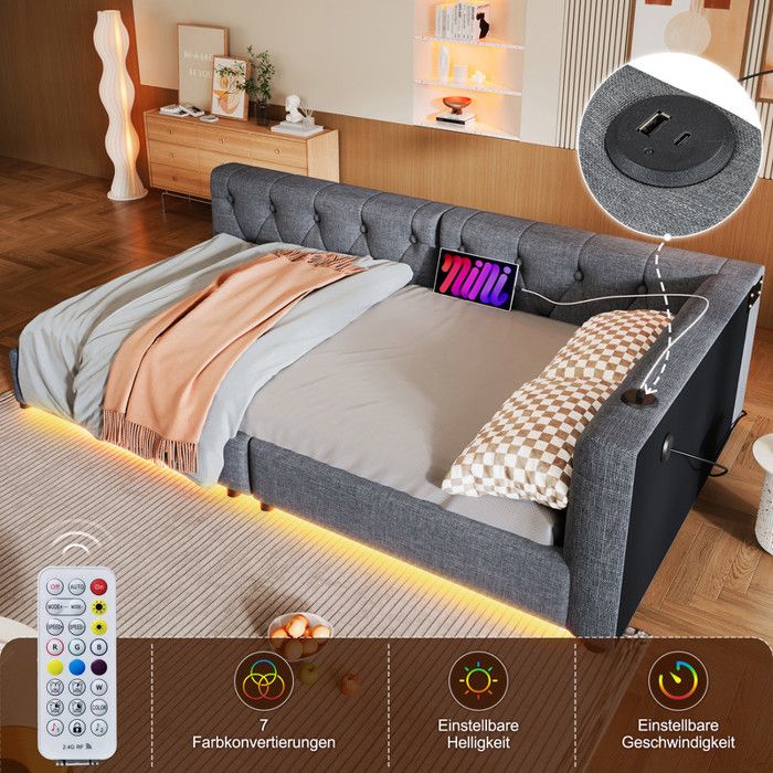 Canapé-lit 90 x 200 cm avec USB + Type-C Lit simple avec LED éclairage Lit adulte Lit 1 Personne Tête de lit capitonnée Gris