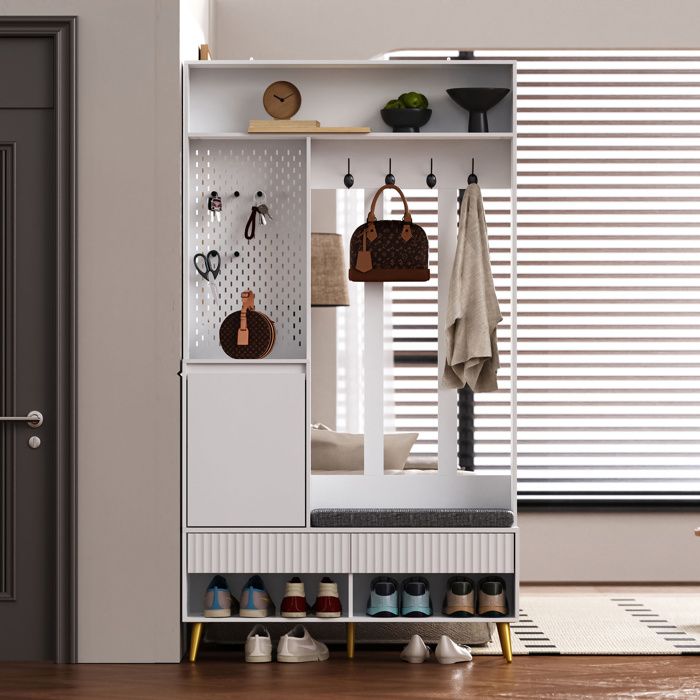 Meuble entree avec 4 crochets deux tiroirs et 1 porte Vestiaire dentrée avec Banc à chaussures Blanc 100x35x180 cm