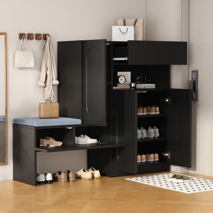 Meuble a chaussures 130x35x110 cm avec porte rabattabl Armoire à chaussures avec compartiments et banc Meuble entree en noir
