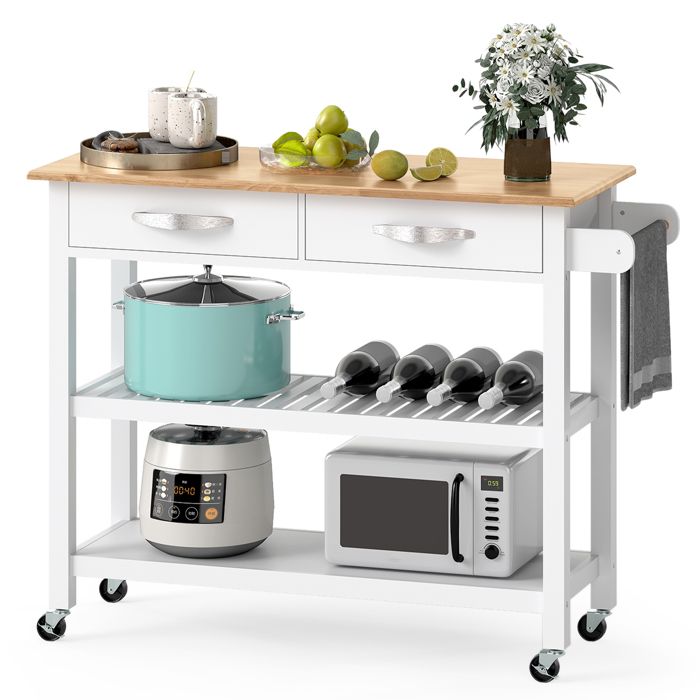 Desserte de Cuisine à 3 Niveaux COSTWAY Plan de Travail en Bois 2 Tiroirs Étagères Ouvertes Roues Verrouillables Poignée Blanc Desserte de Cuisine à 3 Niveaux COSTWAY Plan de Travail en Bois 2 Tiroirs Étagères Ouvertes Roues Verrouillables Poignée Blanc