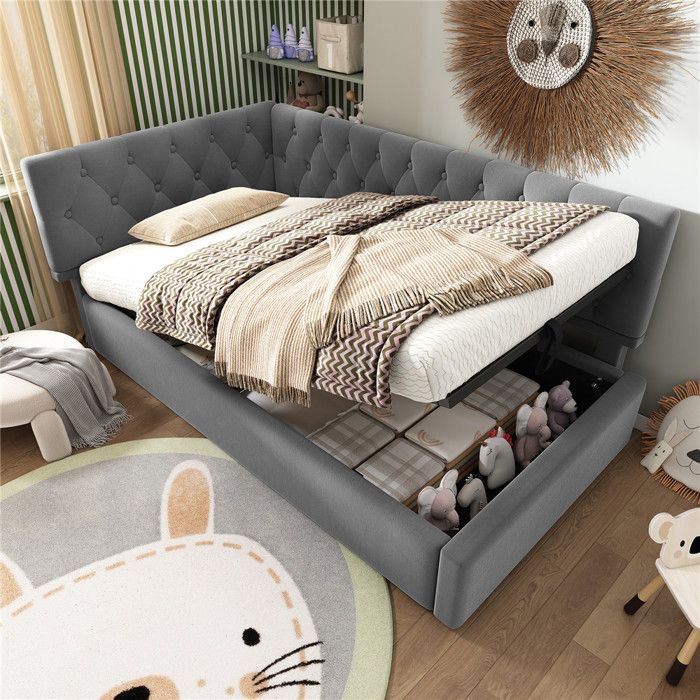 Lit simple 90x190 avec sommier à lattes lit coffre enfant avec tête de lit tapissée cadre de lit avec rangement en velours gris