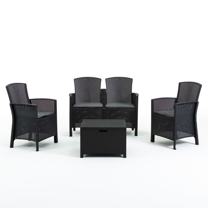 Set LUGANO : salon extérieur en résine rotin canapé 2 fauteuils table conteneur. Confortable facile à monter et à nettoyer