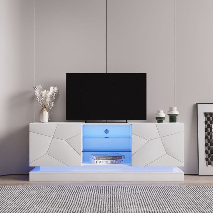 Meuble TV Givré Blanc avec éclairage LED étagère en Verre Réglable Meuble TV avec Espace de Rangement 160 x 38.5 x 60 cm Blanc